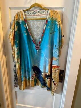 Johnny Was Blue and Cream Beaded Silk Tunic